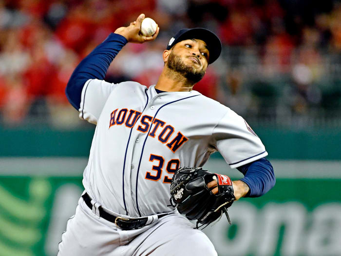 Oct 25, 2019; Washington, DC, USA; Houston Astros relief pitcher Josh James (39) pitches during the fifth inning against the Washington Nationals in game three of the 2019 World Series at Nationals Park. Mandatory Credit: Brad Mills-USA TODAY Sports
